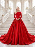 Red Long Sleeve Square Neck Satin Ball Gown Wedding Dress front view