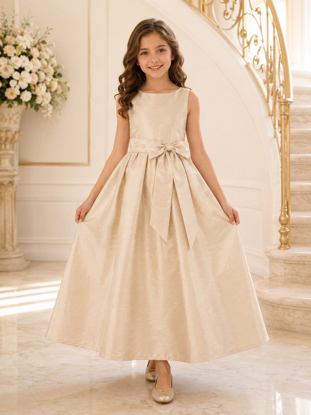 Champagne Luxury Elegant Silk Dupioni Bateau Sleeveless Bow Floor-Length A-Line Formal Flower Girl Dress front view