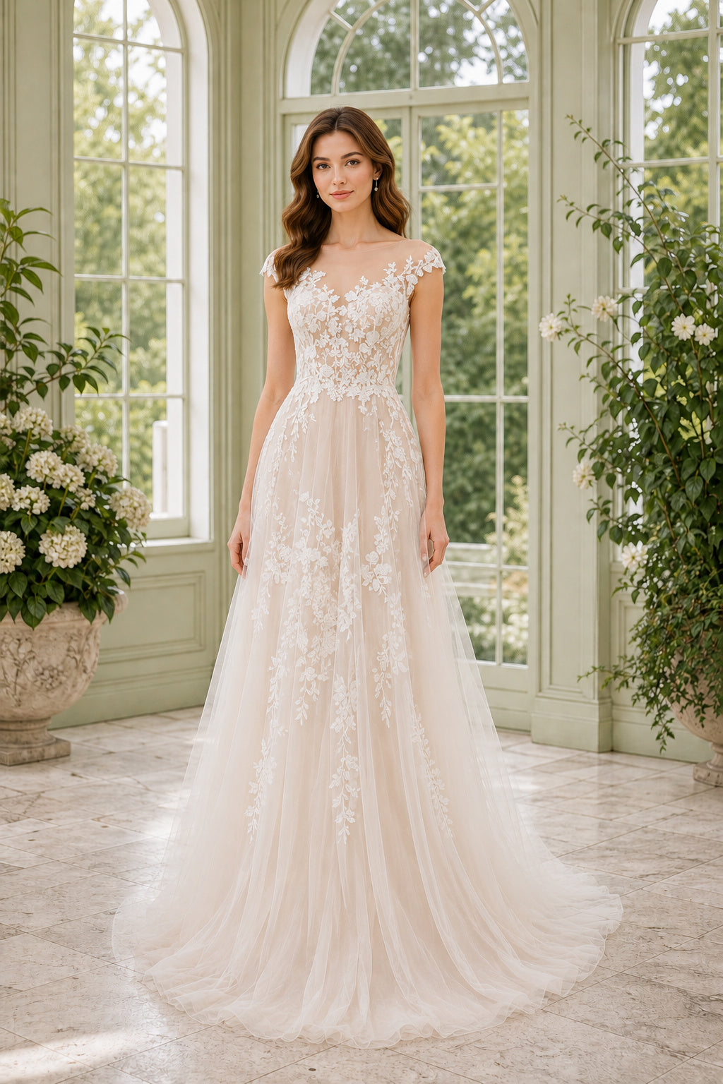 White Square A-Line Lace Floor-length Wedding Dress With Lace and Sweep Train and Open Back