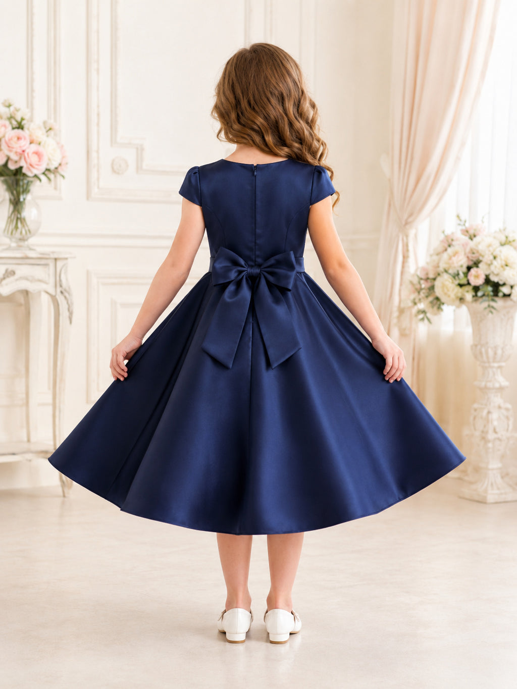 Flower Girl Dress Dark Navy Satin A-Line Short Sleeve Jewel Tea length Bow Detail back view