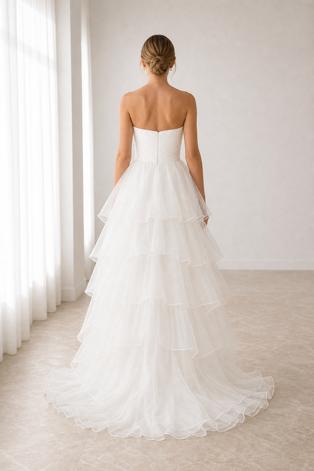 White Sweetheart A-Line Tulle High-low Dress With Tiered Skirt and Ruffles