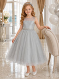 Simple Elegant Flower Girl Dress Square Neck Sleeveless Silver Tulle Tea Length Satin Waist front view