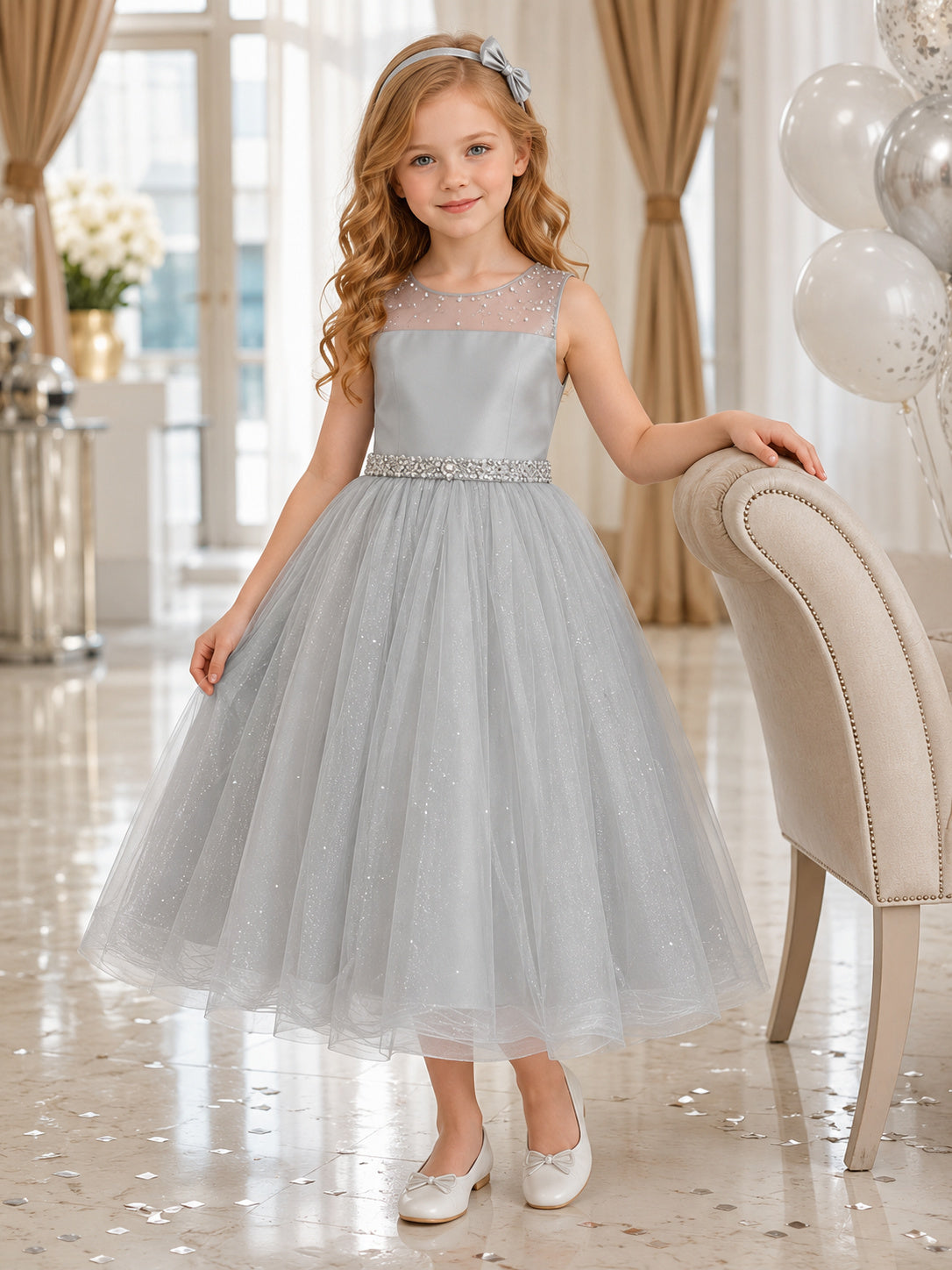 Simple Elegant Flower Girl Dress Square Neck Sleeveless Silver Tulle Tea Length Satin Waist front view