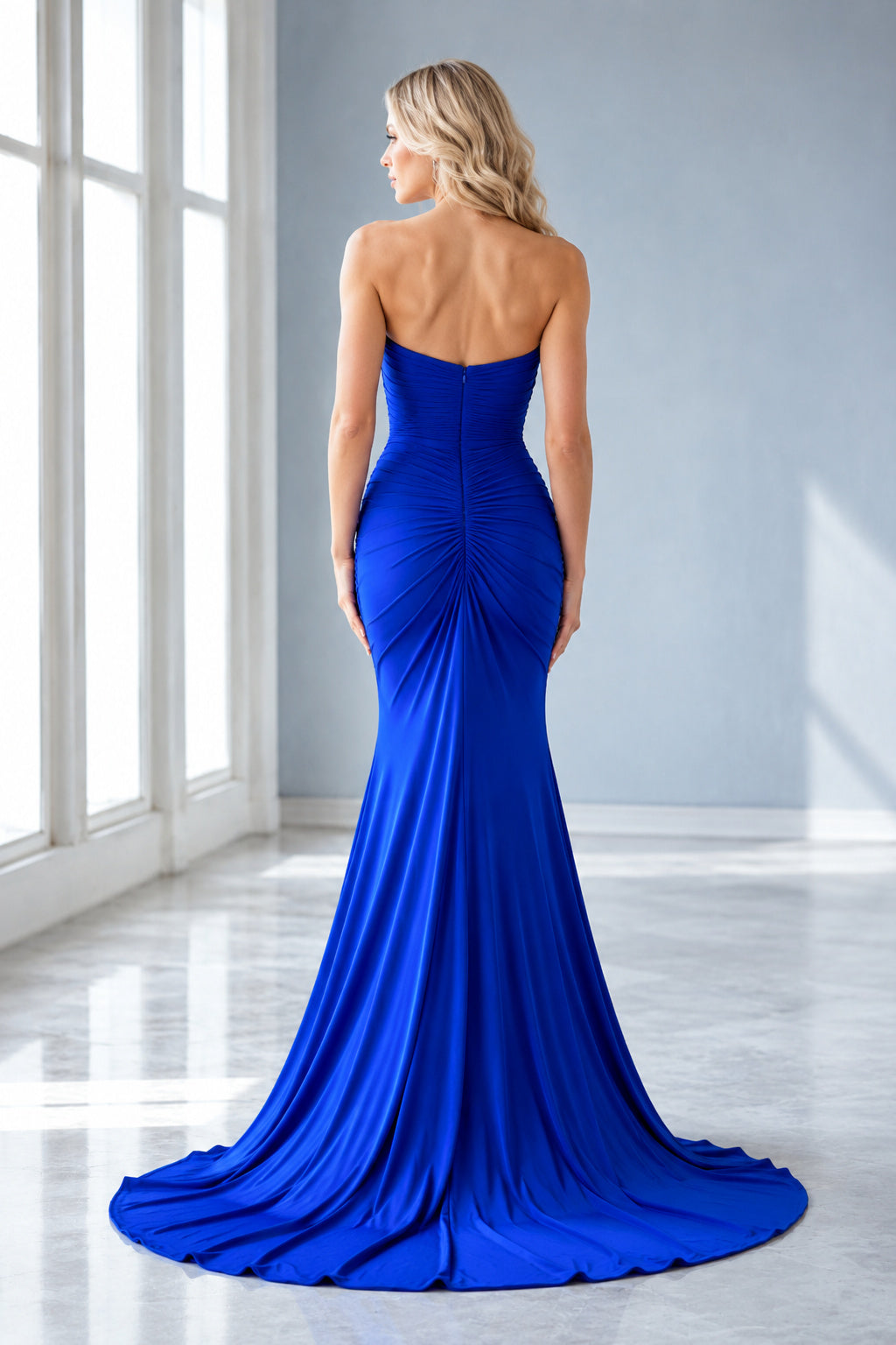 Evening Gown Royal Blue Jersey Mermaid Strapless Sweetheart Ruched Sweep Train back view