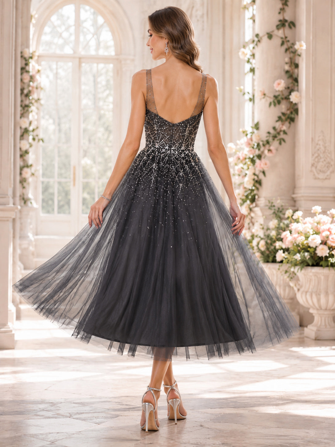Steel Grey Sweetheart Beaded Tulle Tea Length Guest Dress back view