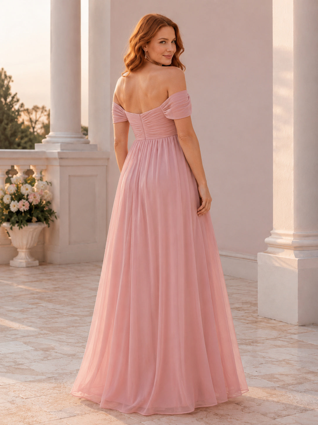 Blushing Pink Maternity Off-Shoulder Ruched Chiffon Empire Romantic Maxi Dress back view