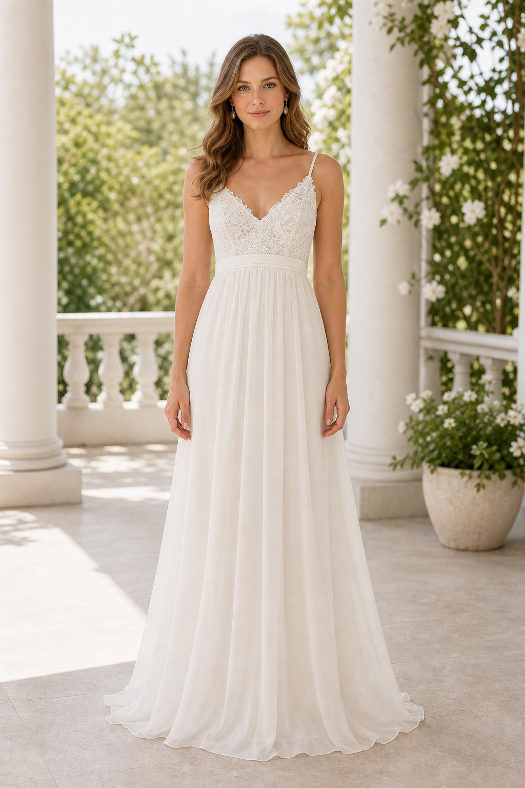 White V-neck A-Line Satin Floor-length Wedding Dress With Front Slit and Beaded Waist and Open Back Lace Hem Detail