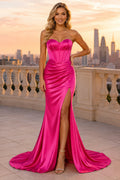 Fuchsia Strapless Satin Mermaid Prom Dress with Corset Bodice and High Slit front view