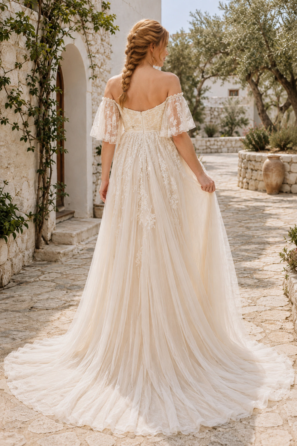 Ivory Off-the-Shoulder Lace Maternity Wedding Dress with Front Slit back view