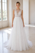 White Square Ball Gown Tulle Floor-length Wedding Dress With Layered Skirt and Beaded Bodice and Open Back