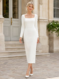 Modest Square Neck Long Sleeve Satin Sheath Tea Length Courthouse Wedding Dress front view