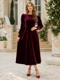 Burgundy Bateau Neck Puff Sleeve Velvet A Line Midi Guest Dress front view