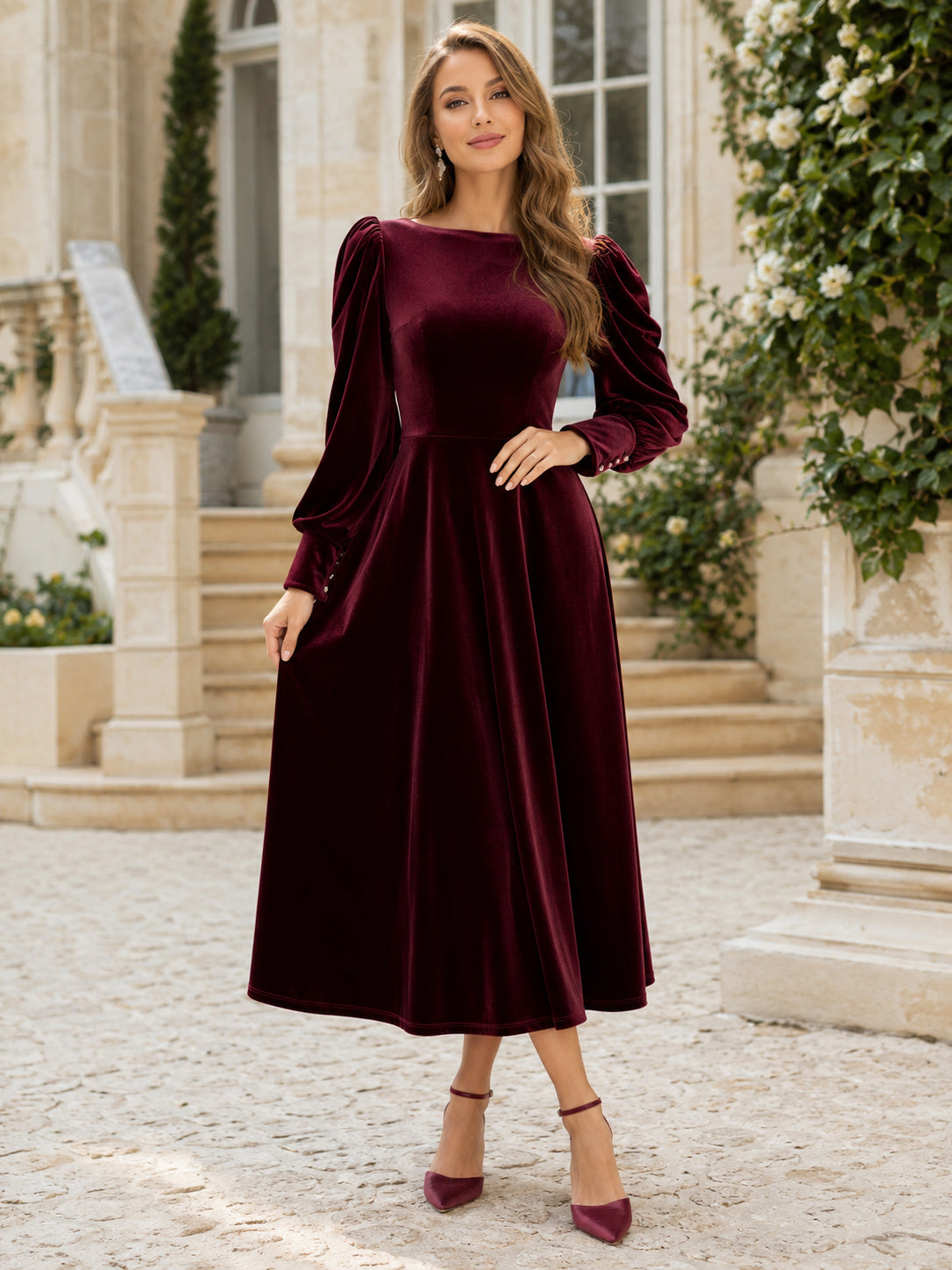 Burgundy Bateau Neck Puff Sleeve Velvet A Line Midi Guest Dress front view