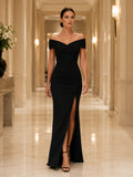 Black Minimalist Off-the-shoulder Slit Mermaid Evening Dress front view