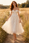 Ivory Off Shoulder Applique Tulle Tea Length Wedding Dress for Wedding Reception and Party Style MG_700983 front view