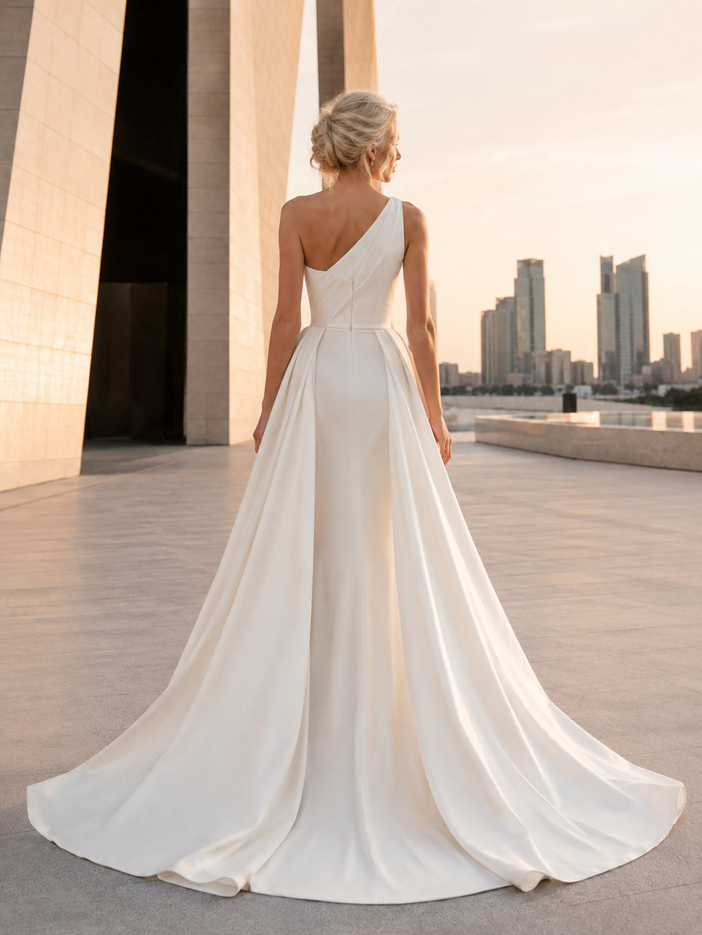 Satin Wedding Dress Two Piece One Shoulder Sleeveless Court Train Open Back Bridal Gown back view