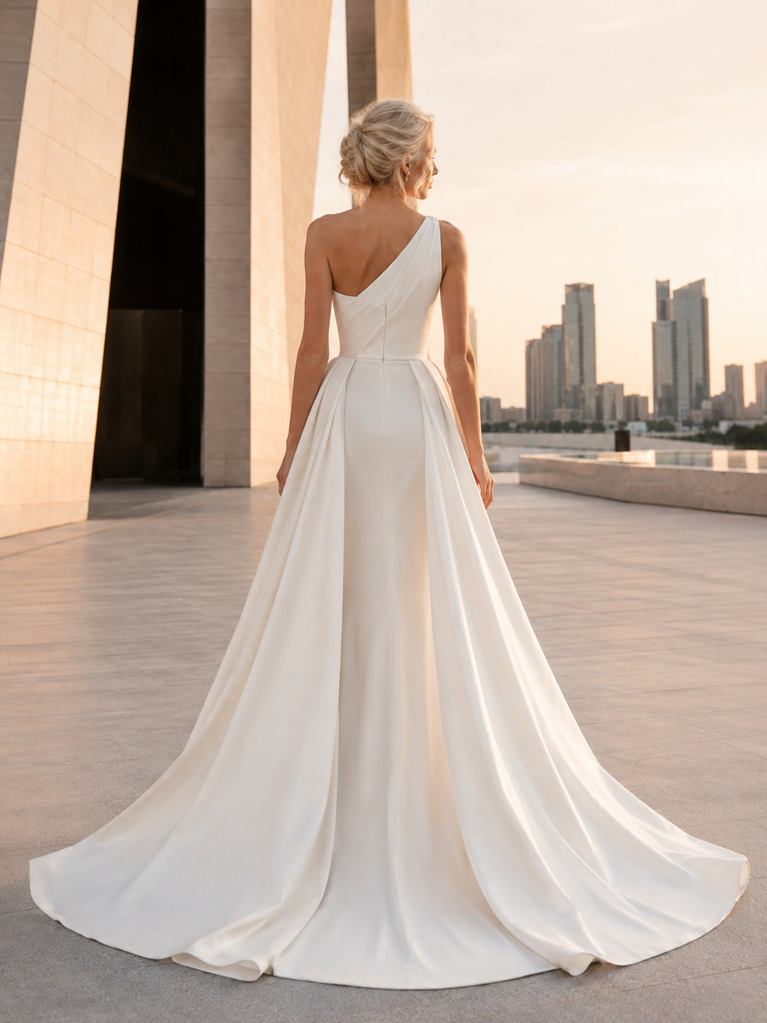 Satin Wedding Dress Two Piece One Shoulder Sleeveless Court Train Open Back Bridal Gown back view
