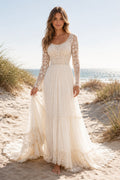 Long Sleeve Scoop Neck A-Line Wedding Dress with Lace Sleeves and Tiered Tulle Train front view