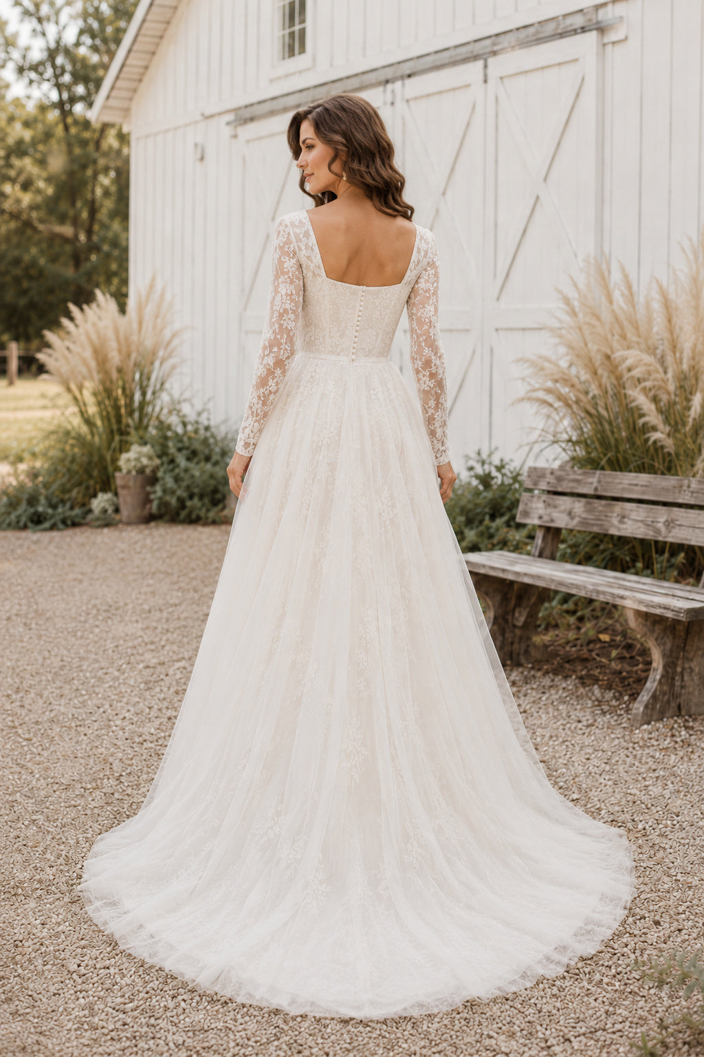 Square Neck Long Sleeve A-Line Wedding Dress with Simple Tulle Skirt and Train for Rustic Garden Ceremony back view
