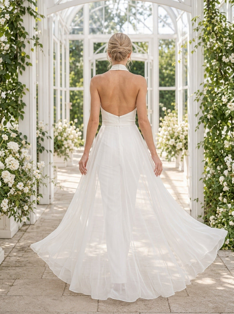 Ivory Halter Draped Wedding Jumpsuit with Tulle Overskirt back view