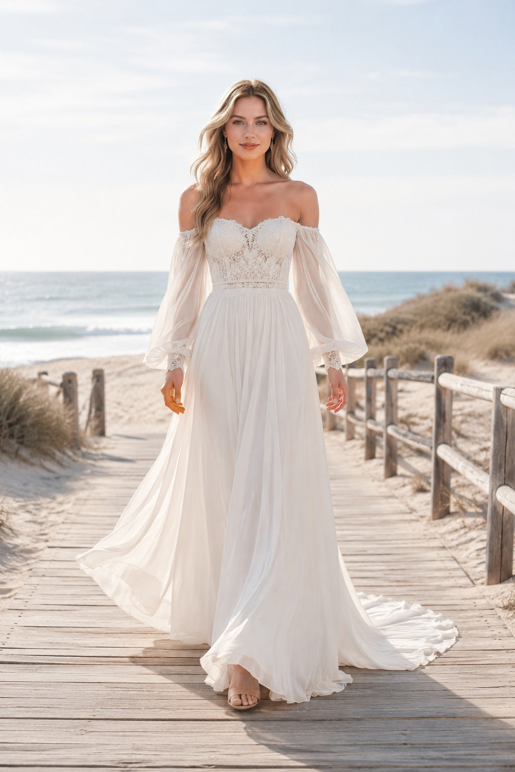 Ivory Off-the-Shoulder Long Sleeve Chiffon A-Line Wedding Dress with Soft Train front view