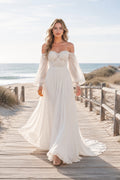 Ivory Off-the-Shoulder Long Sleeve Chiffon A-Line Wedding Dress with Soft Train front view