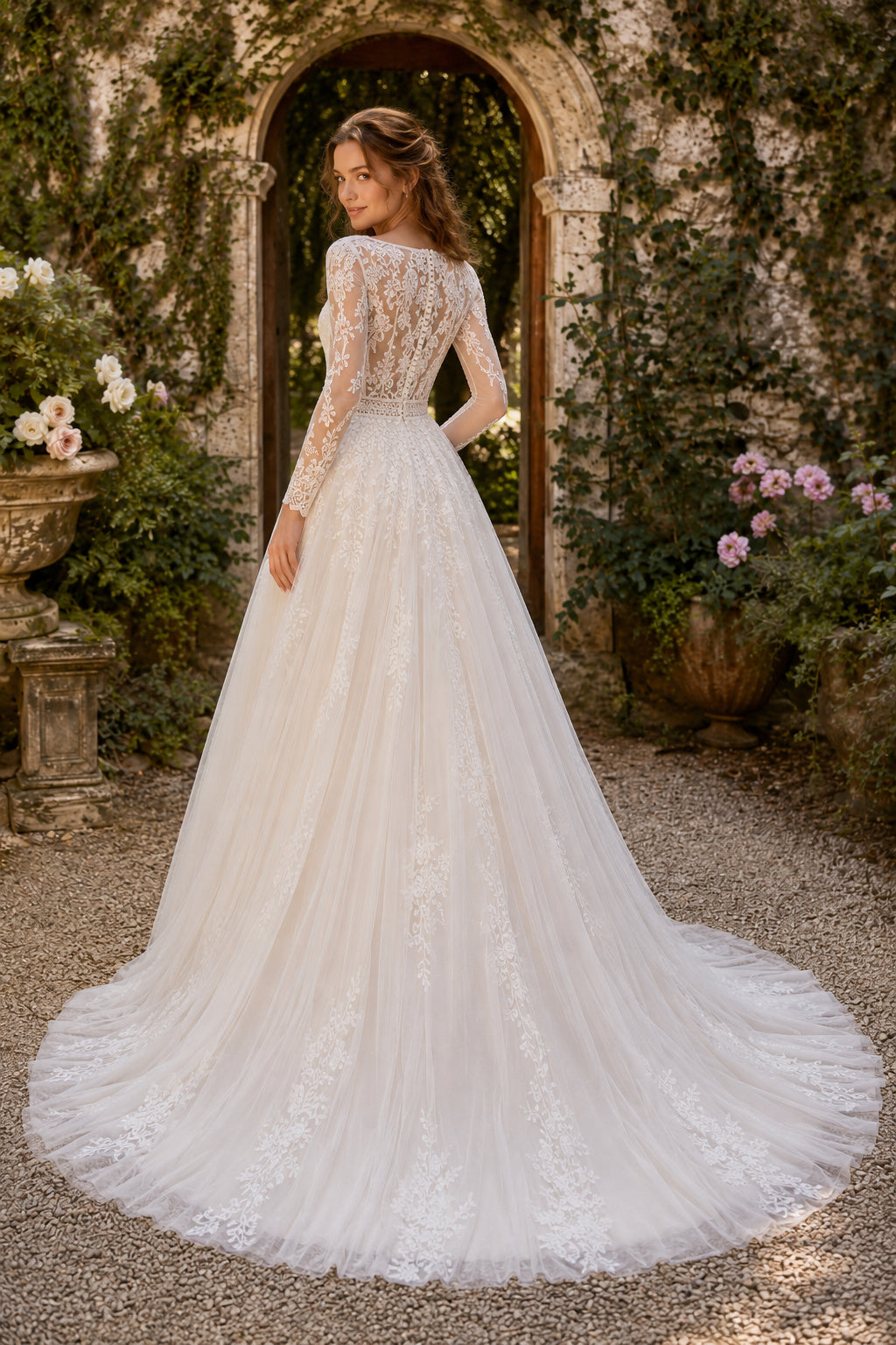 Ivory Long Sleeve V-Neck Illusion Lace A-Line Wedding Dress with Sweep Train back view