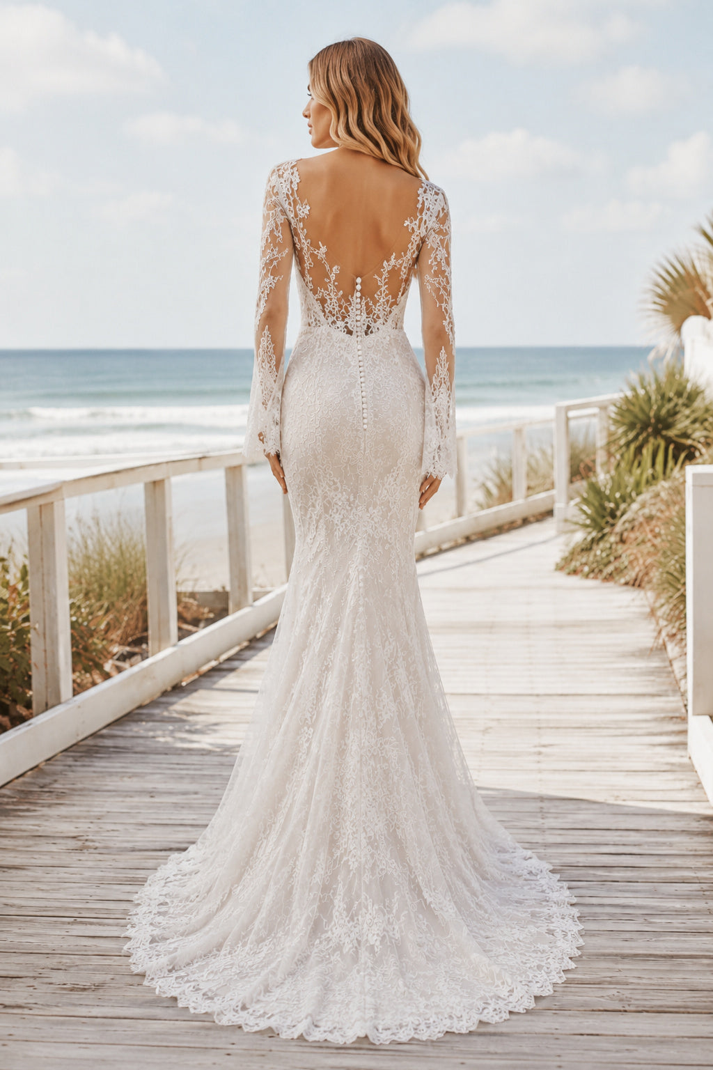Ivory Long Sleeve Lace Mermaid Wedding Dress Sweep Train for Wedding Ceremony and Reception Style MG_701445 back view