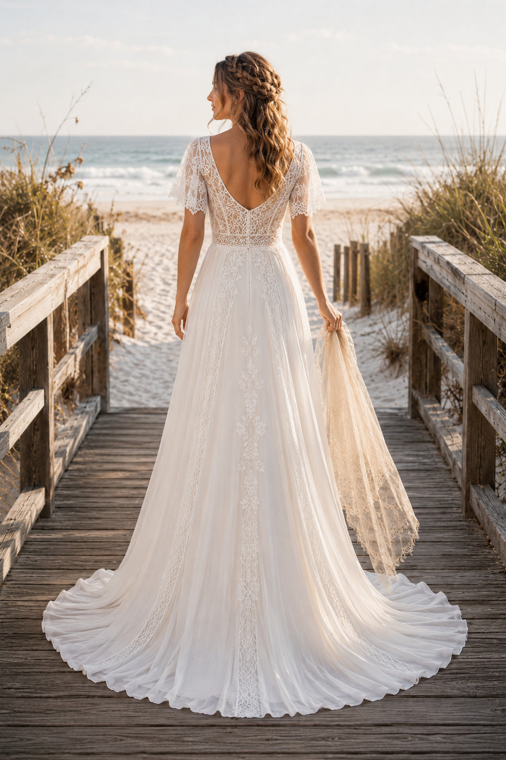Ivory Scoop Neck Short Sleeve Tulle A-Line Wedding Dress Train for Bridal Ceremony and Reception back view
