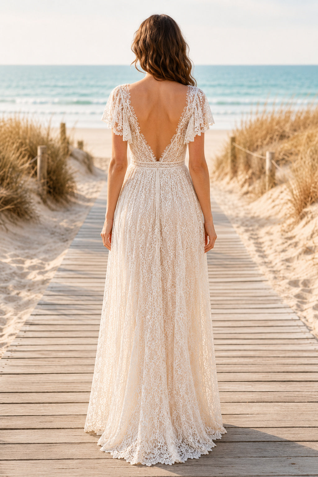 Ivory Short Sleeve Sweetheart Lace A-Line Wedding Dress Low Back for Bridal Ceremony and Reception back view