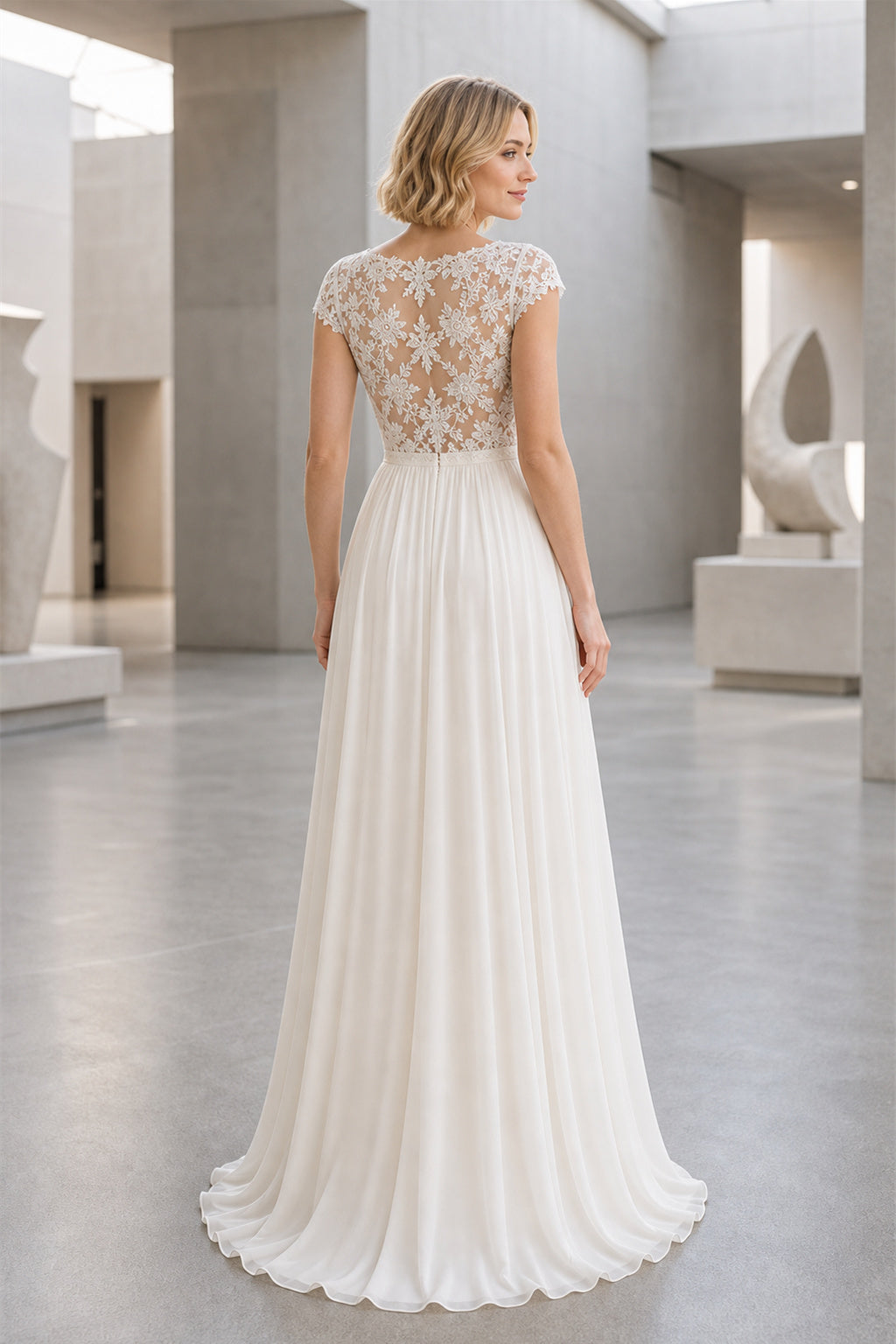 White Sweetheart A-Line Crepe Floor-length Wedding Dress With Open Back and Lace Bodice and Open Back Lace Hem Detail