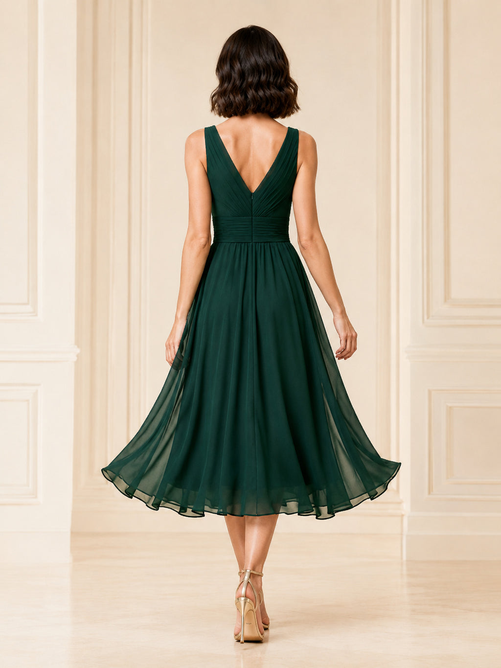 Dark Green V-Neck Chiffon Tea Cocktail Dress back view