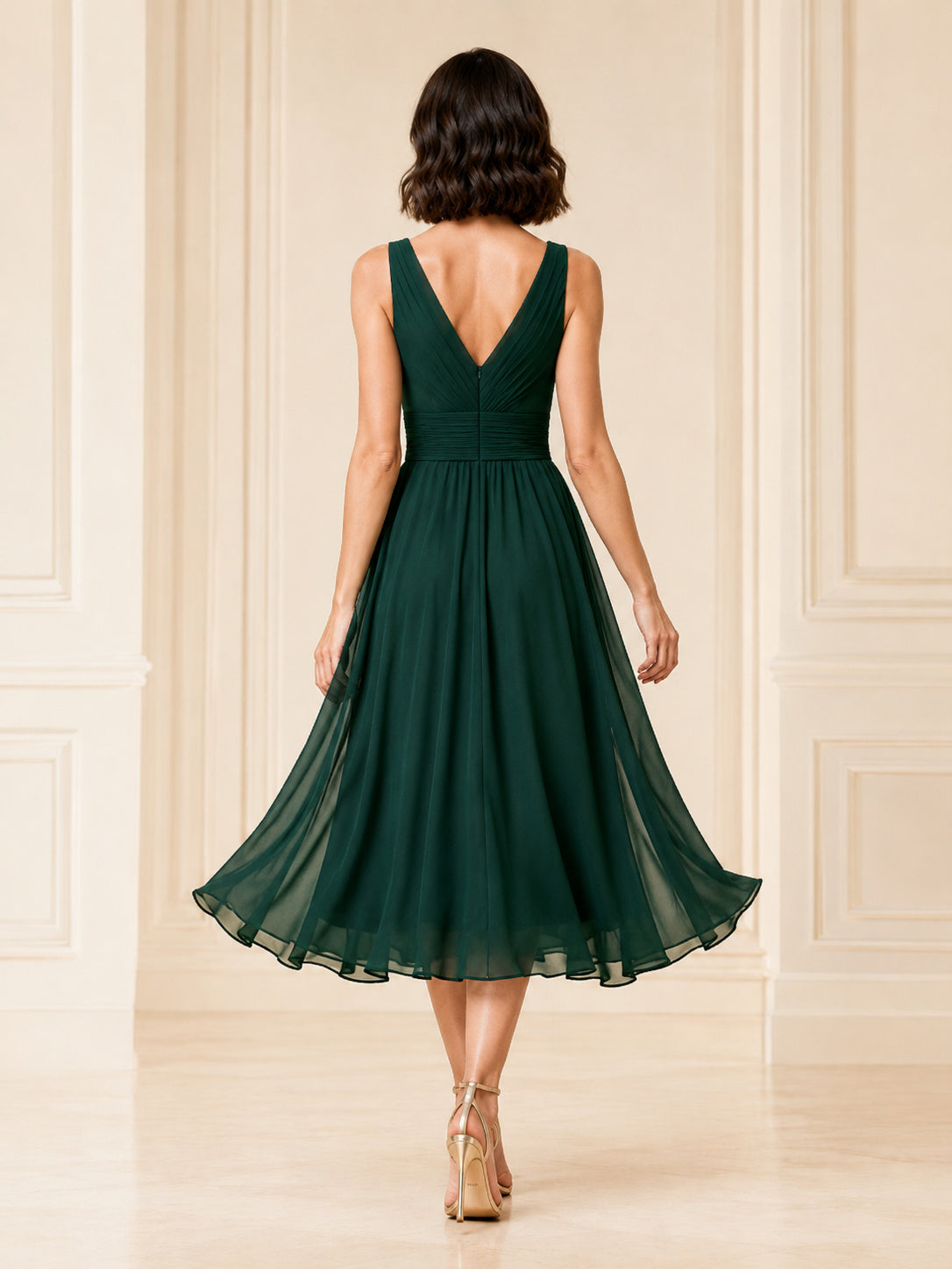 Dark Green V-Neck Chiffon Tea Cocktail Dress back view