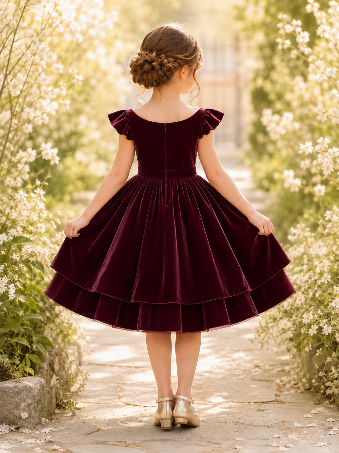 Plum Velvet Layered A-Line Flower Girl Party Dress with Cap Sleeves Ruffles and Bow back view