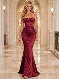 Burgundy Satin Strapless Sweetheart Corset Mermaid Formal Gown front view