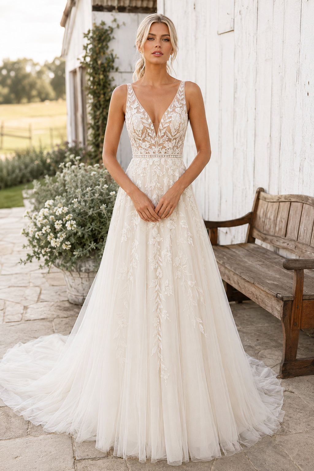 V-Neck Strap A-Line Wedding Dress with Lace Bodice and Full Tulle Train for Rustic Garden Ceremony front view