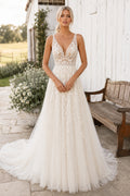 V-Neck Strap A-Line Wedding Dress with Lace Bodice and Full Tulle Train for Rustic Garden Ceremony front view