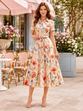 Cafe Floral Shirt Collar Belted A-Line Midi Guest Dress front view
