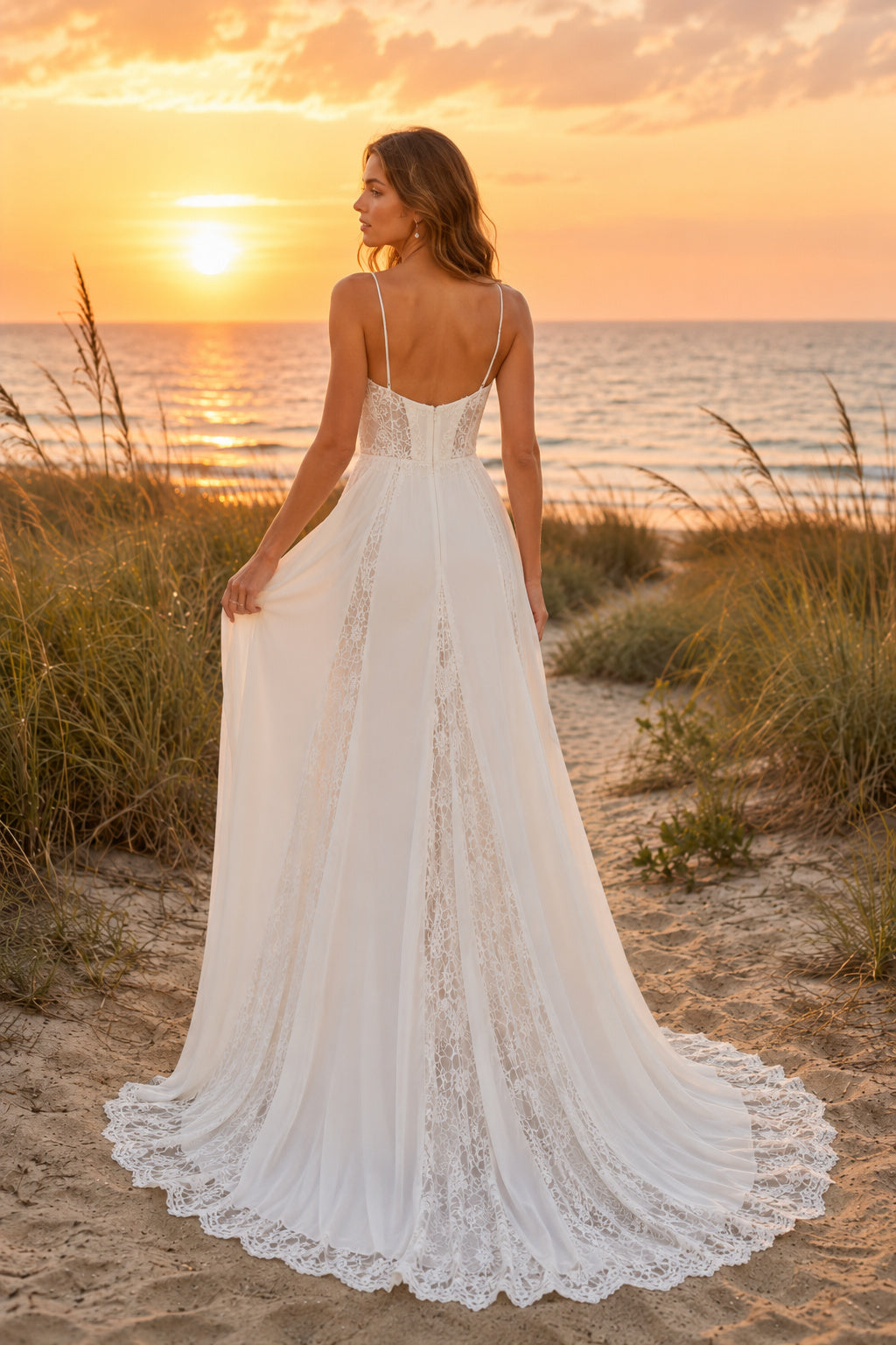 Ivory Spaghetti Cowl Neck Sheath Wedding Dress Lace Split Train for Bridal Ceremony and Reception back view
