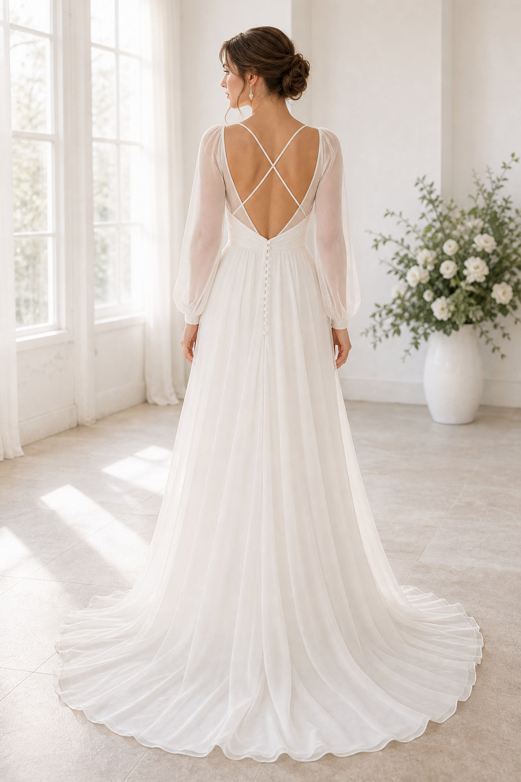White Halter A-Line Chiffon Floor-length Wedding Dress With Lace Bodice and Sweep Train and Open Back Lace Hem Detail