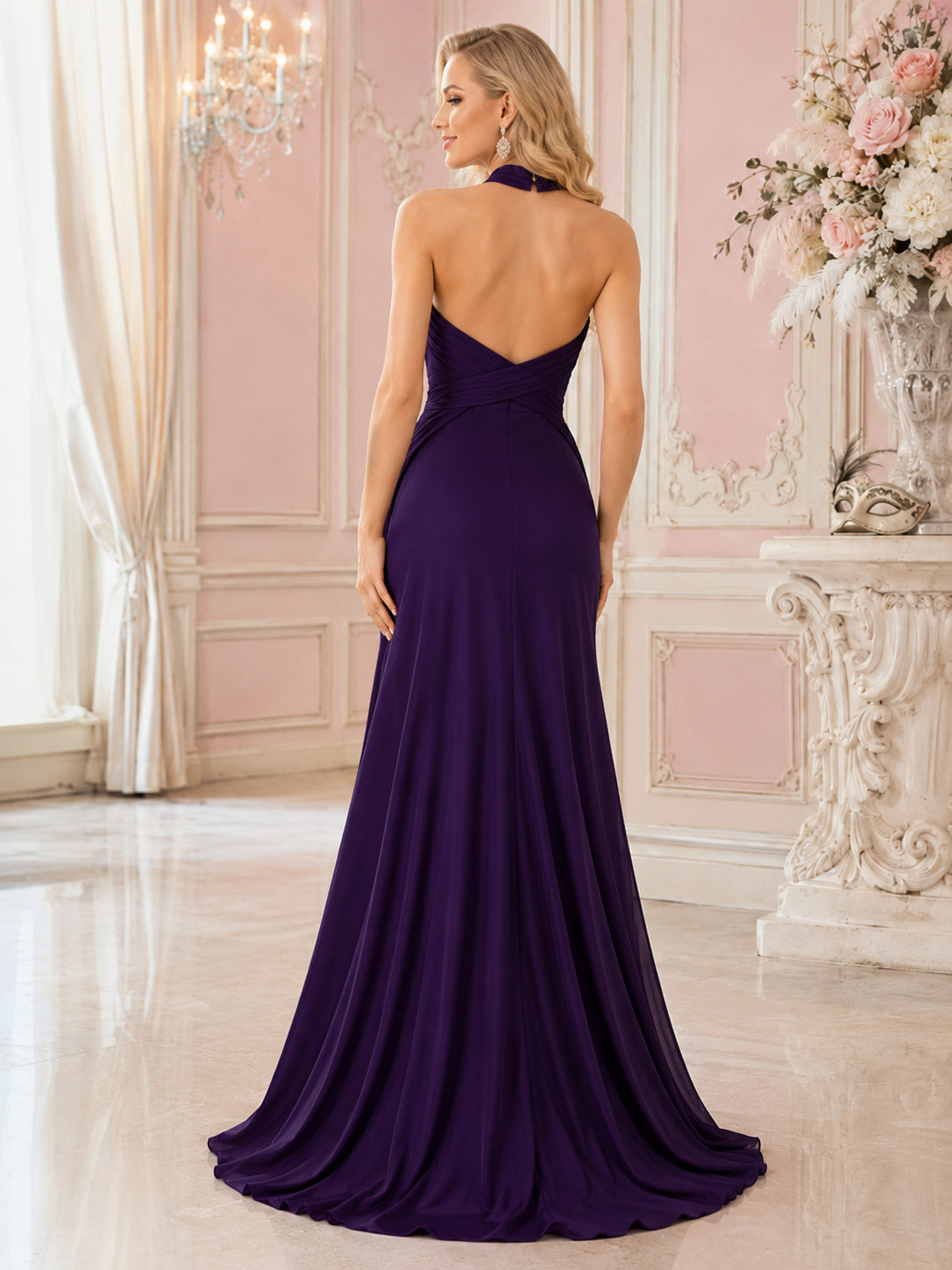 Plum Halter Backless Satin Mermaid Sweep Formal Guest Dress back view