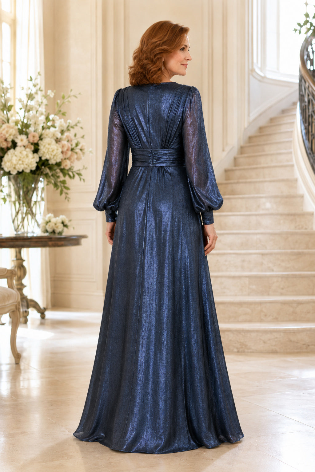 Dark Navy Metallic Long Sleeve V-Neck A-Line Mother Dress with Pleated Skirt back view