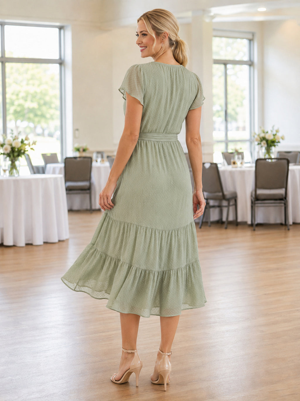 Sage V Neck Ruffle Hem Wrap Appreciation Midi Dress back view