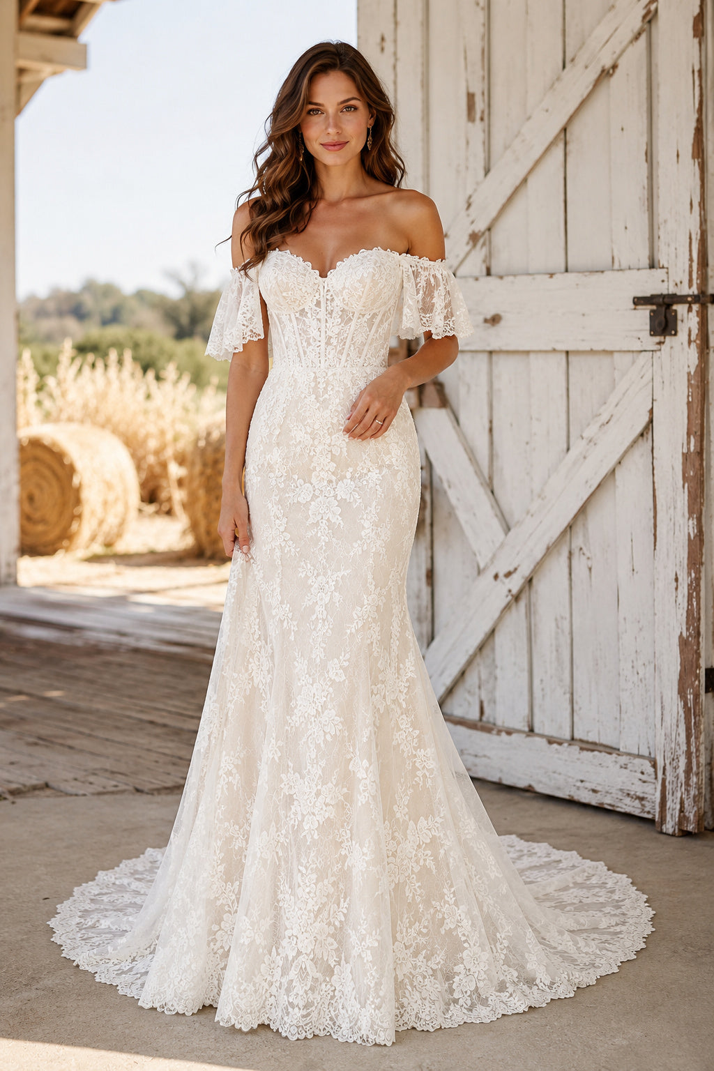 Ivory Off-the-Shoulder Lace Mermaid Wedding Dress with Short Sleeves and Sweep Train front view