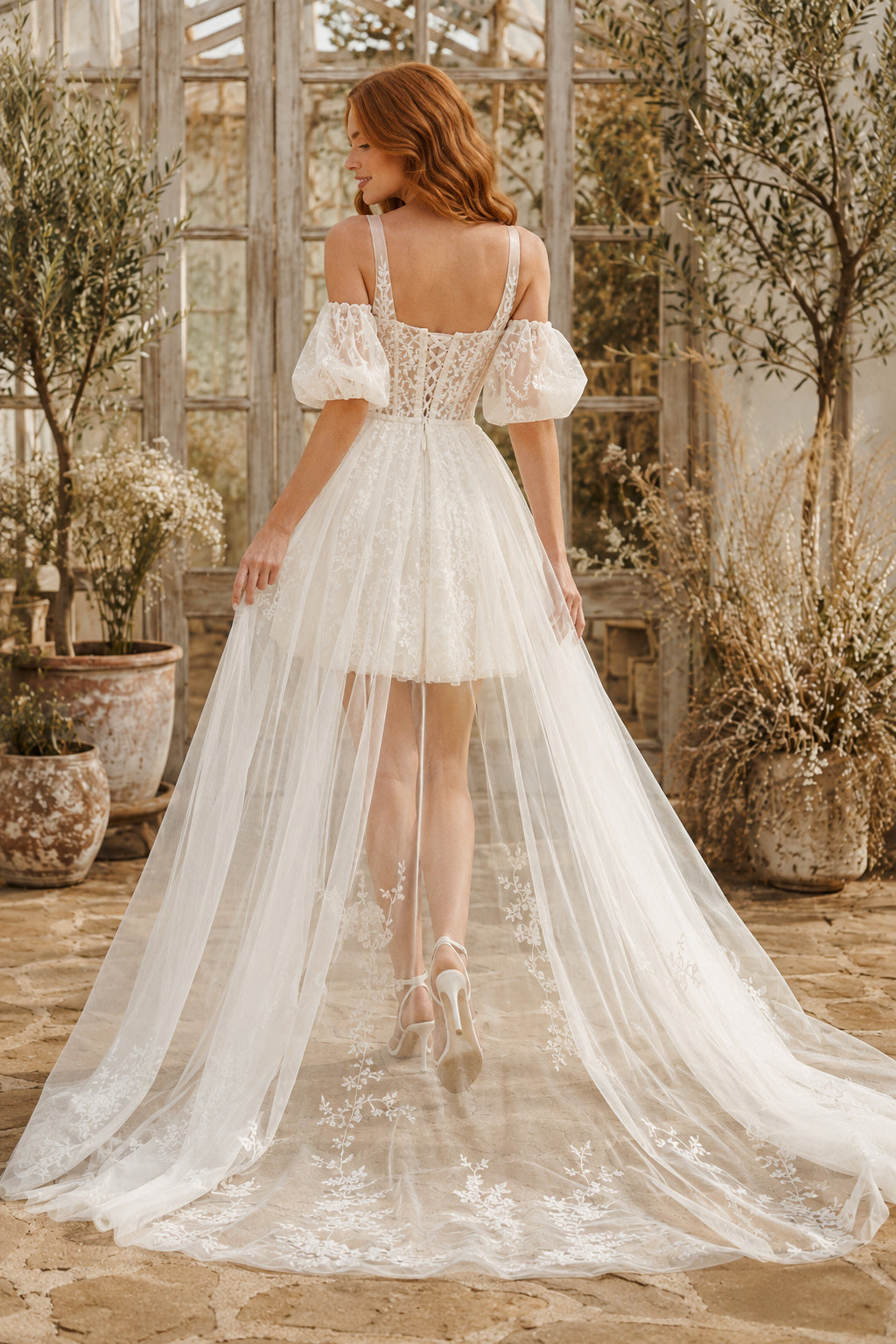 Ivory Square Neck Puff Sleeve Mini Wedding Dress Detachable Train for Wedding Reception and Party back view