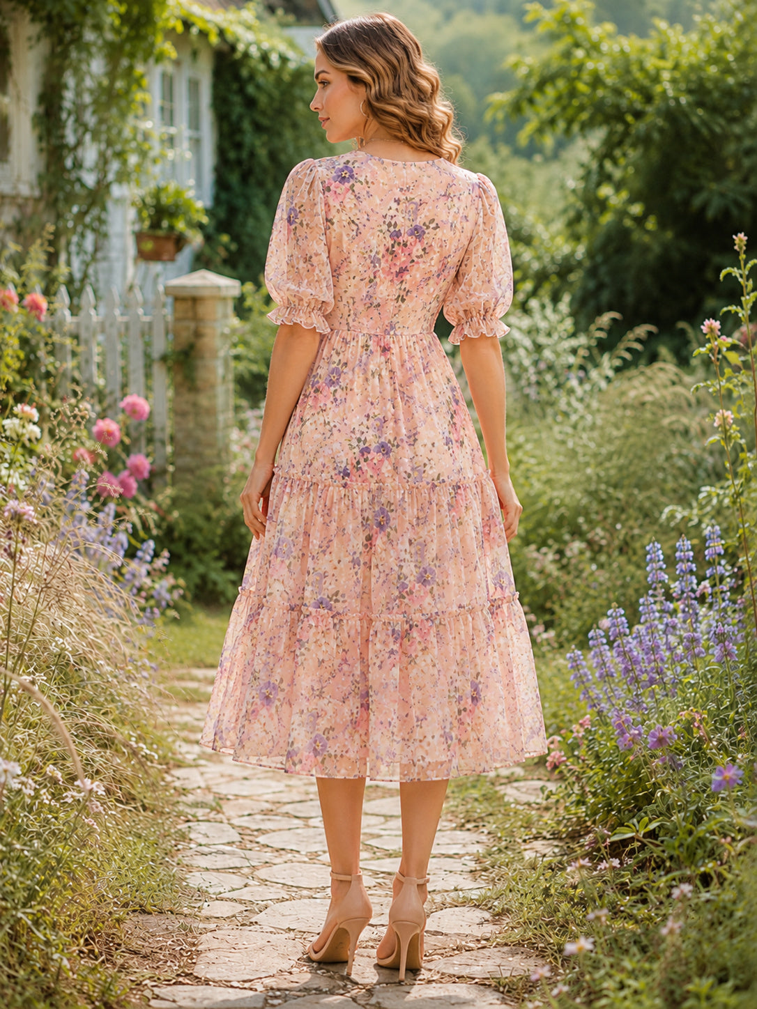 V Neck Blush Floral Chiffon Garden Prairie Midi Dress back view