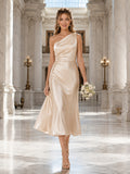 Champagne Courthouse One-Shoulder Draped Satin Midi Bridal Dress front view