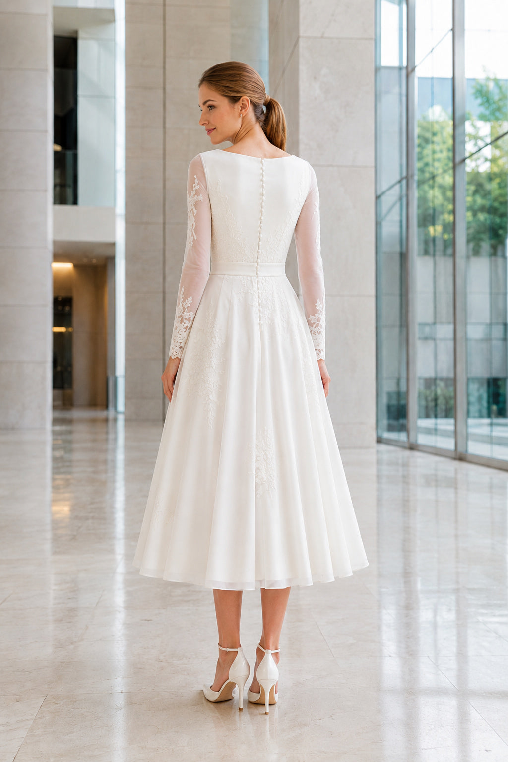 Ivory Bateau Neck Long Sleeve Satin Lace Tea-Length Wedding Dress with Sheer Lace Sleeves and Simple Satin Skirt back view