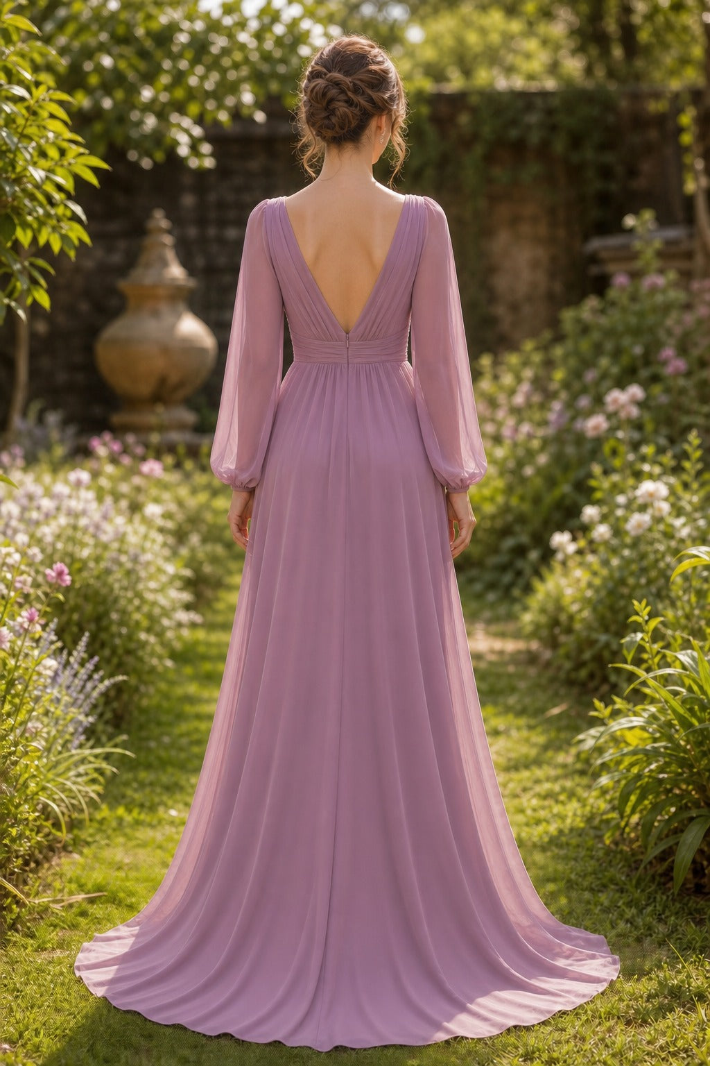 Dusty Rose V-Neck Floor-Length Chiffon A-Line Dress