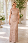 Blushing Pink Bateau Sheath Mother Dress with Lace Overlay and Cap Sleeves for Evening Reception front view